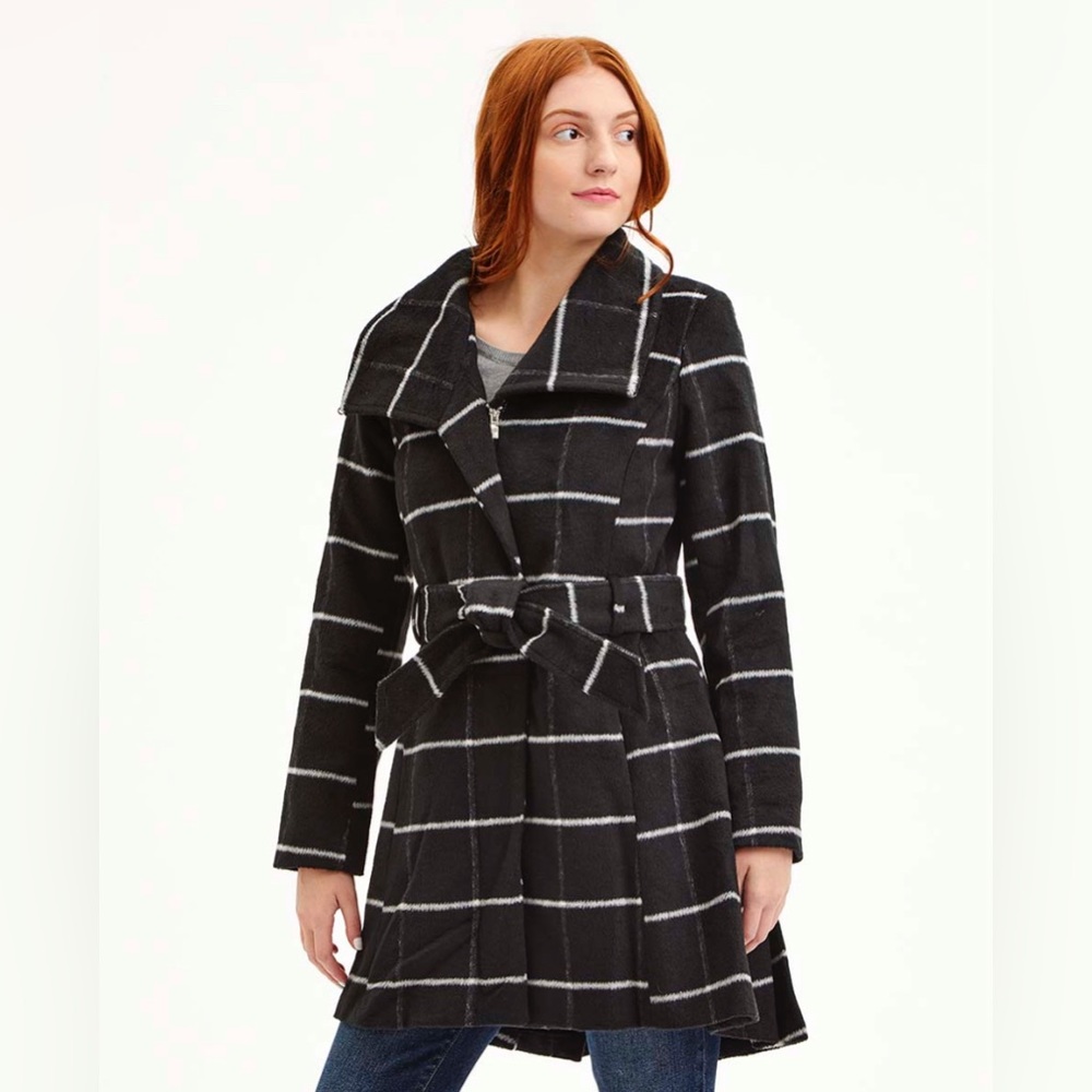 Women’s Steve Madden Black & White Plaid Belted Coat